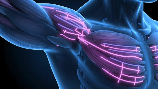 Detailed 3D Anatomy of Human Shoulder and Chest Muscles Glowing Pink.