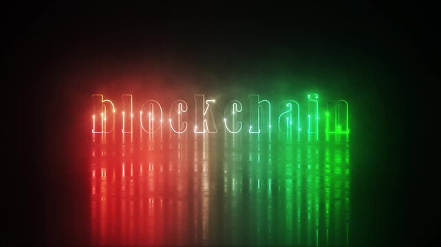 Block Chain colorful neon laser text animation glitch effect cinematic title on black abstract background.