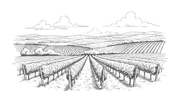 Black and white of rolling vineyard hills under a cloudy sky landscape