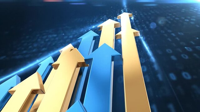 Multiple upward pointing arrows in gold and blue ascend against a dark digital background with binary code