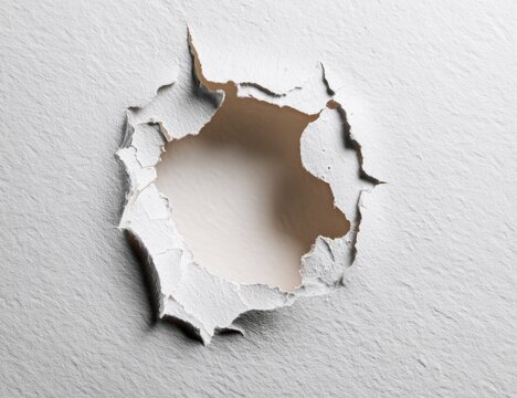 Close-up of a damaged white surface, revealing a textured interior and frayed edges