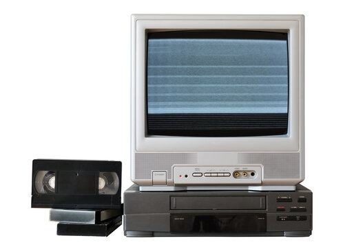 Vintage television with static on screen, video player and video cassettes isolated on white background.