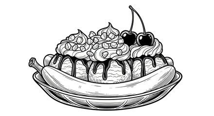 Classic Banana Split Dessert Illustration with Cherries and Chocolate Sauce © selang