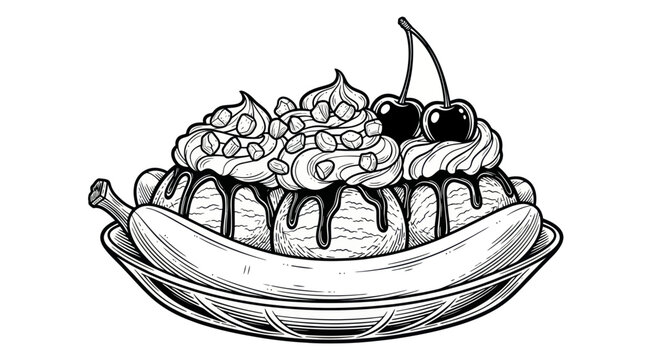 Classic Banana Split Dessert Illustration with Cherries and Chocolate Sauce
