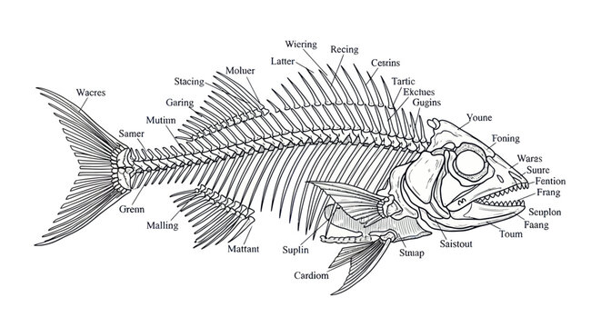 Detailed anatomical diagram of a fish skeleton with labels