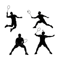 Four different badminton player silhouettes in action on a white background silhouette © mina