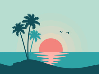 Fototapeta premium Tropical island with palm trees and sunset over calm ocean water scene