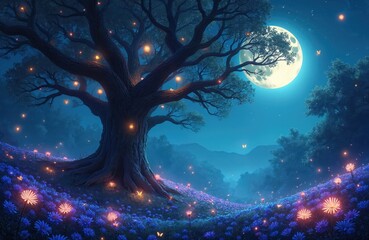 Obraz premium Magical forest at night with glowing flowers and lights under full moon. Large ancient tree has lights on branches. Fireflies and butterflies fly around blooming meadow.