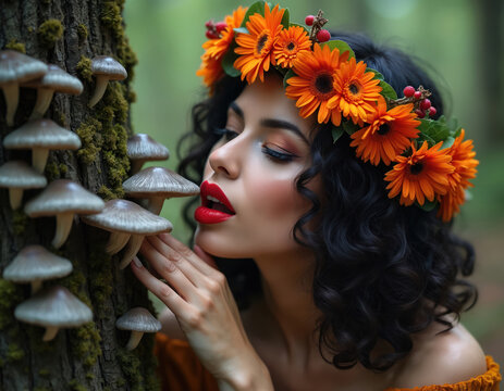 Woman wears flower wreath touching mushrooms on tree bark. Curly dark hair frames her face with bright red lips and natural forest background. Nature beauty concept.