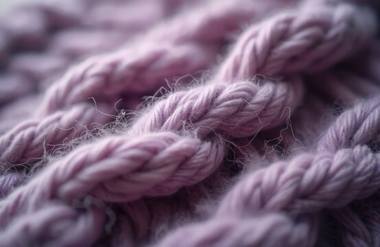 Macro view shows thick lilac wool yarn with fuzzy fibers. Knitted texture creates cozy fabric detail. Handmade scarf shows intricate loops and soft woolen threads.