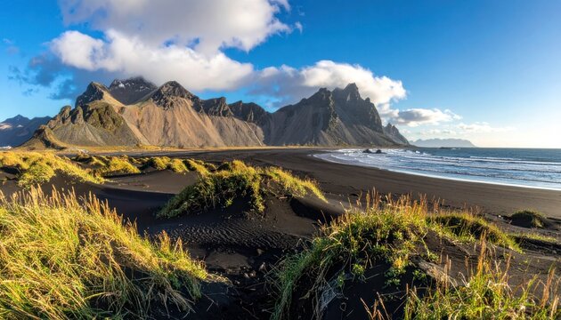 A stunning panoramic view showcases Iceland's black sand beach, dramatic mountains, and a vibrant blue sky.