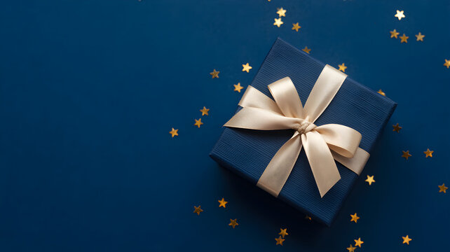 Blue gift box with white ribbon and yellow stars on dark blue background