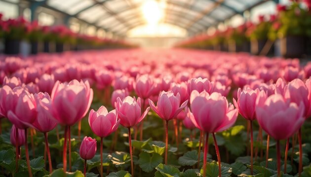 Pink cyclamen flowers grow in a sunny greenhouse. Rows of blooming plants create a soft natural background. Cultivated flora indoors under glass.