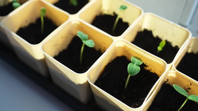Young seedlings in biodegradable pots on windowsill for indoor gardening