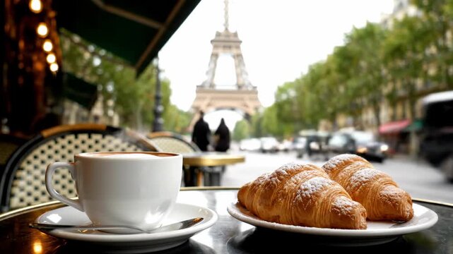 Enjoying coffee and croissants at a cafe near the Eiffel Tower in Paris during the morning