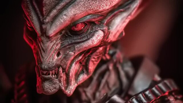 Intense Gaze of the Extraterrestrial Being: A Fictional Creature with Textured Skin and Red Eye, Close Up