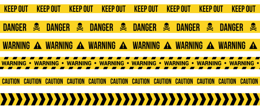 Set of six industrial safety warning tapes. Yellow and black strips with keep out danger caution warning text and skull triangle symbols for construction security barrier