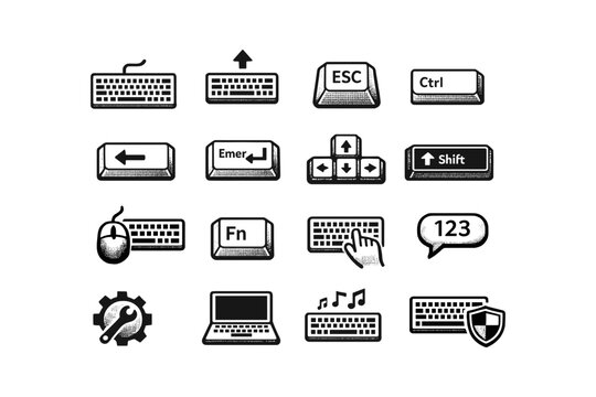 Collection of computer keyboard and mouse icons with various functions and symbols