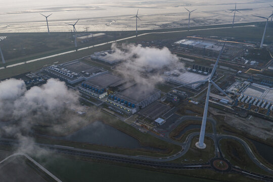 Aerial view of hyperscale data center cooling in eemshaven, netherlands, using green energy