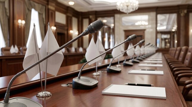 Grand international summit room displaying carefully arranged microphones lining long empty polished mahogany tables with miniature flags.