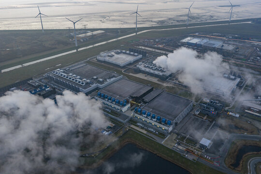 Aerial view of eemshaven data center processing information with sustainable energy