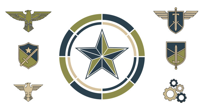Set of Military Tactical Emblems and Insignia Icons Featuring Eagle, Star, Shield, Sword, and Gears on White Background