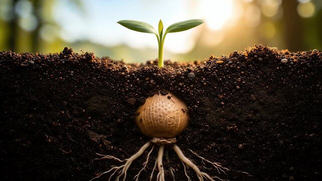 New Plant Sprouting From Seed With Roots Growing Deep in Soil.