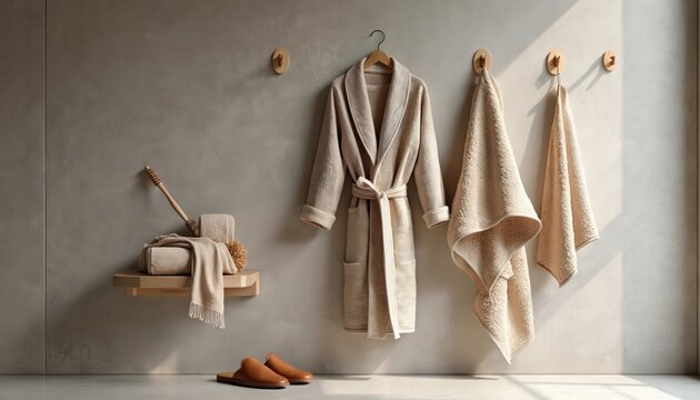 Bathrobe and towels hang on wall hooks in a neutral bathroom setting. Slippers rest on floor. Includes toiletries on shelf. Peaceful home ambiance.