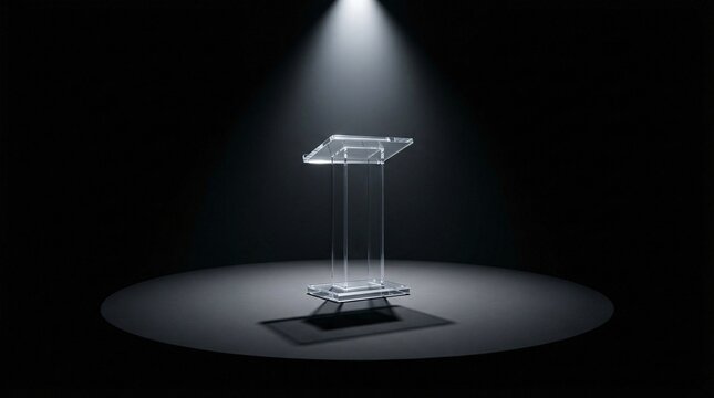 Perfectly empty circular stage presenting contemporary presentation lecterns crafted from solid block acrylic beneath intense spotlights.