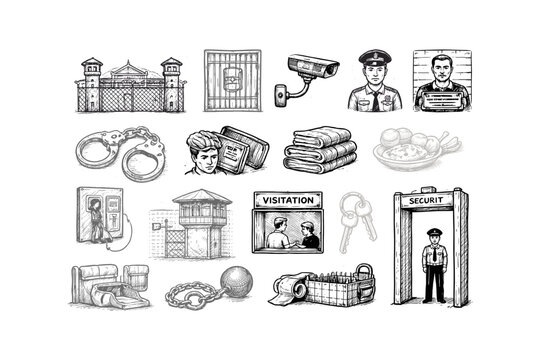 Collection of prison and law enforcement illustrations in a sketch style
