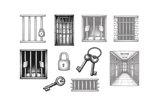 Collection of prison bars, locks, and keys in a vintage sketch style