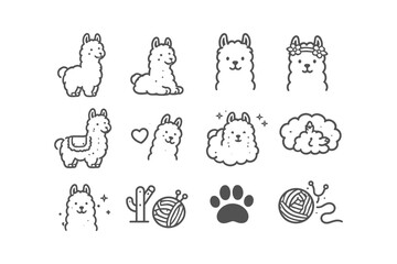 Obraz premium Cute llama icons and symbols in a simple line art style for various uses