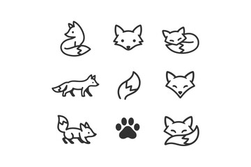 Naklejka premium Collection of simple line art icons featuring foxes and a paw print