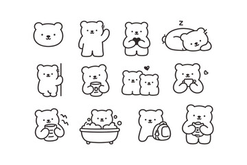 Collection of cute hand-drawn teddy bear illustrations in various poses and activities © Tymofii
