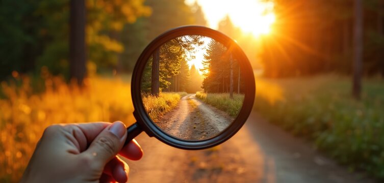 Hand holds magnifying glass over dirt path in forest. Golden hour sun shines through trees, illuminating grassy field. Inspires exploration, discovery, future journeys, hope, new paths.
