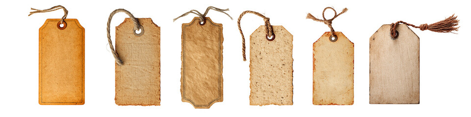 Collection set of vintage craft paper tag with twines, blank labels isolated on white or transparent background, png cut out