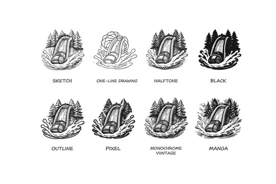 Collection of eight different artistic styles of a waterslide in a forest setting