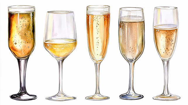 Watercolor collection of elegant champagne glasses filled with sparkling wine and bubbles isolated on white background. Generative AI