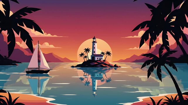 A beautifully animated tropical sunset scene with a serene lighthouse island, swaying palm trees, and a sailboat gently drifting on calm, reflective water.