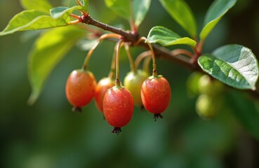 Obraz premium Actinidia berries grow on a garden branch. Small oval red fruits hang on vine stem. Green leaves provide shade. Ripe harvest waits. Nature provides healthy food.