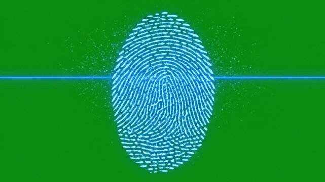 A glowing blue fingerprint scan is illuminated by a horizontal light beam against a vibrant green background, symbolizing digital security