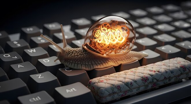 A steampunk snail with a glowing mechanical shell crawls on a computer keyboard.
