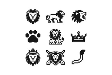 Obraz premium Collection of pixel art icons featuring lions, crowns, and paw prints