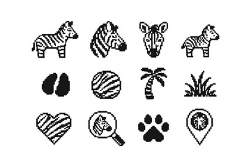 Naklejka premium Collection of pixel art icons featuring zebras and safari elements