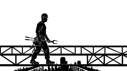 Naklejka premium A construction worker walks across a bridge with tools isolated on transparent background, Vector