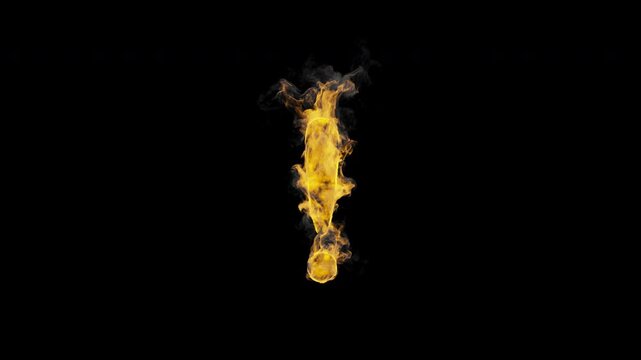 Burning exclamation mark symbol ! with realistic flames and smoke. Fiery punctuation animation for warnings, titles, alerts, intros and motion graphics. Seamless loop in 4K, alpha channel.