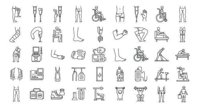 Collection of linear icons depicting various physical therapy and rehabilitation concepts