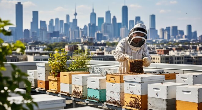 Urban Beekeeper Tending Honeycomb Hives on Rooftop Garden in Modern Cityscape