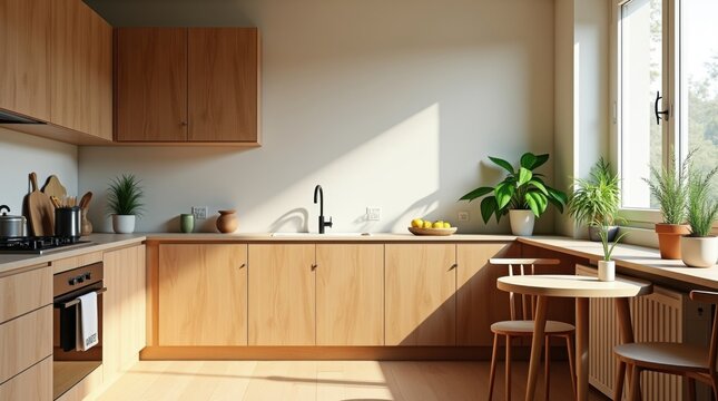 Cocina minimalista y acogedora con texturas de madera y plantas
