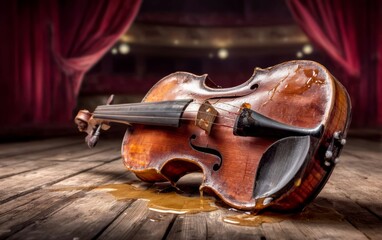 Obraz premium Shattered Violin Emitting Streams of Liquid Gold in Theater